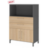 Aktenschrank FlexWall in Graphit und Eiche mit zwei Schubladen, Schranktüren und offenem Fach von hjh OFFICE PRO