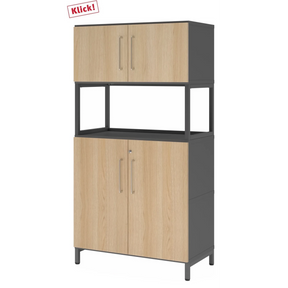 Aktenschrank FlexWall in Graphit und Eiche mit zwei Türen, offenem Fach und Sockelgestell von hjh OFFICE PRO