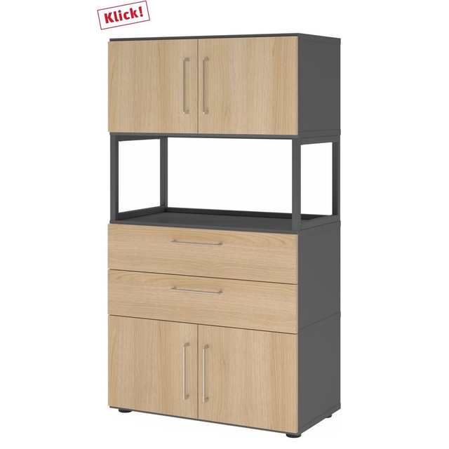 Aktenschrank FlexWall in Graphit und Eiche mit zwei Türen, zwei Schubladen und offenem Regal von hjh OFFICE PRO