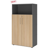 Aktenschrank FlexWall in Graphit und Eiche mit zwei Türen, offenem Fach und Stellfüßen von hjh OFFICE PRO