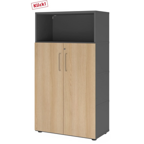 Aktenschrank FlexWall in Graphit und Eiche mit zwei Türen, offenem Fach und Stellfüßen von hjh OFFICE PRO