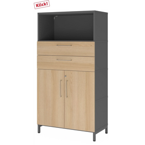 Aktenschrank FlexWall in Graphit und Eiche mit zwei Schubladen, zwei Türen und offenem Fach von hjh OFFICE PRO