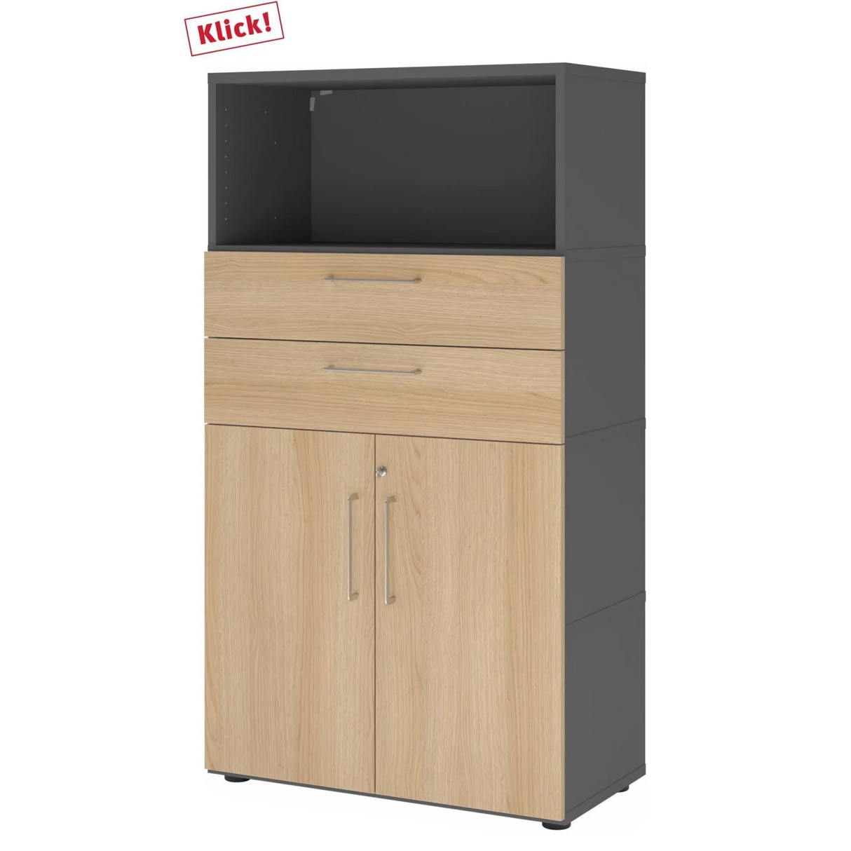 Aktenschrank FlexWall in Graphit und Eiche mit zwei Schubladen sowie einem Schrankfach von hjh OFFICE PRO