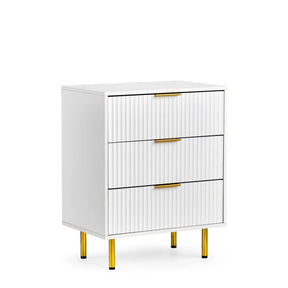 Weiße Kommode Hjelle K mit geriffeltem Frontdesign, drei goldfarbenen Griffen und vier goldenen Füßen von hjh LIVING