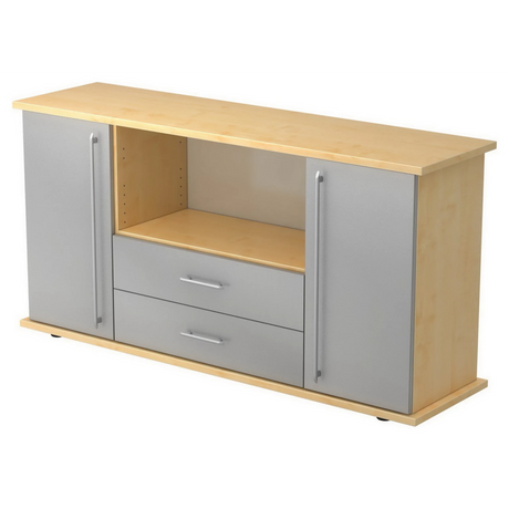 Sideboard KAPA SB in Ahorn und Silber mit zwei Türen, zwei Schubladen und Relinggriffen von hjh OFFICE PRO