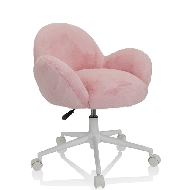 Rosa Kinderdrehstuhl KID TEDDY mit flauschigem Bezug und weißem Fußkreuz auf Rollen von hjh OFFICE