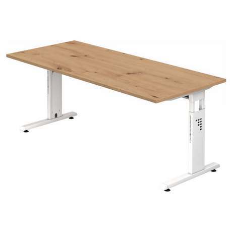 Höhenverstellbarer Schreibtisch MEGA 19 W mit Platte in Asteiche und weißem Untergestell von hjh OFFICE PRO