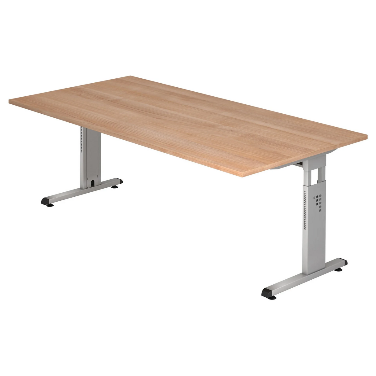 Höhenverstellbarer Schreibtisch MEGA 2E S in Nussbaum-Optik mit silbernem Untergestell von hjh OFFICE PRO