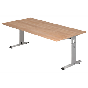 Höhenverstellbarer Schreibtisch MEGA 2E S in Nussbaum-Optik mit silbernem Untergestell von hjh OFFICE PRO