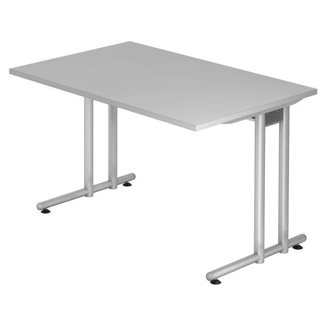 Grauer Schreibtisch NANO 12 S mit silbernem Metallgestell und rechteckiger Tischplatte von hjh OFFICE PRO