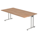 Schreibtisch NANO 2E S mit Tischplatte in Nussbaum-Optik und silbernen Metallbeinen von hjh OFFICE PRO