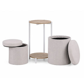 Beistelltisch Nestup 1 in Weiß und Eiche mit integriertem beige stoffbezogenem Hocker von hjh LIVING