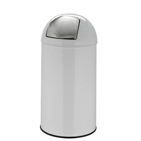 Weißer Mülleimer PUSH 50L mit glänzender Oberfläche und silberfarbenem Push-Deckel von hjh OFFICE
