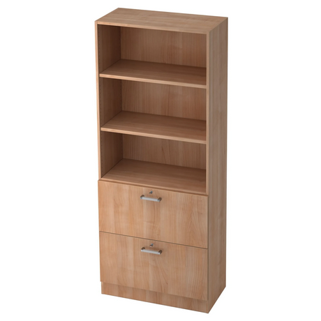 Regal SIGNA G 7300 in Nussbaum-Optik mit drei offenen Fächern und zwei Schubladen mit Chromgriffen von hjh OFFICE PRO