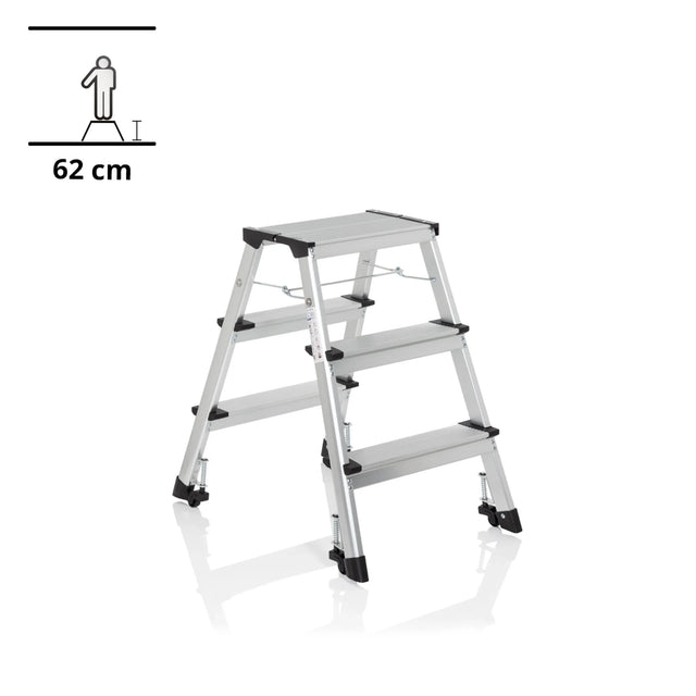 Aluminium-Klappleiter SOLID IV mit drei Stufen und schwarzen Standfüßen von hjh OFFICE